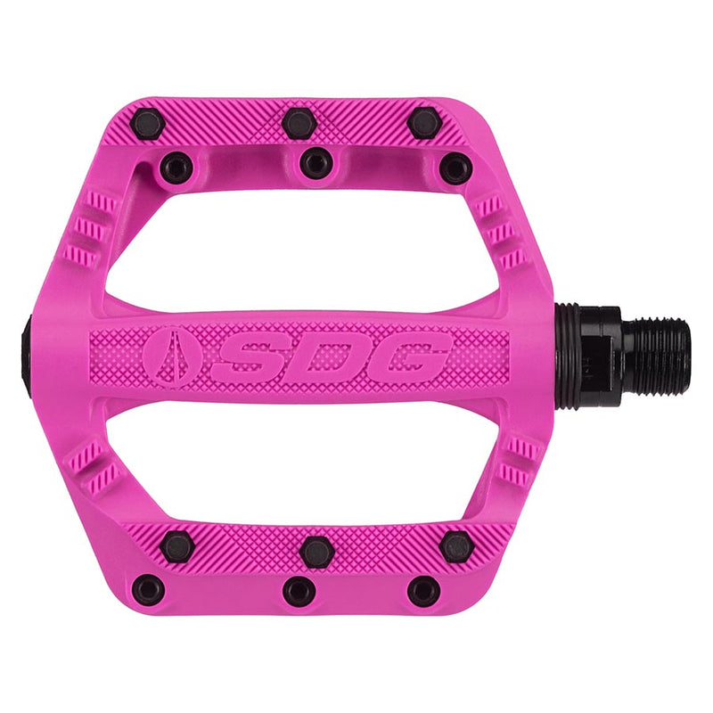 Load image into Gallery viewer, SDG Slater 90 Kids Platform Pedals 9/16&quot; Composite Body Removable Pins Neon Pink
