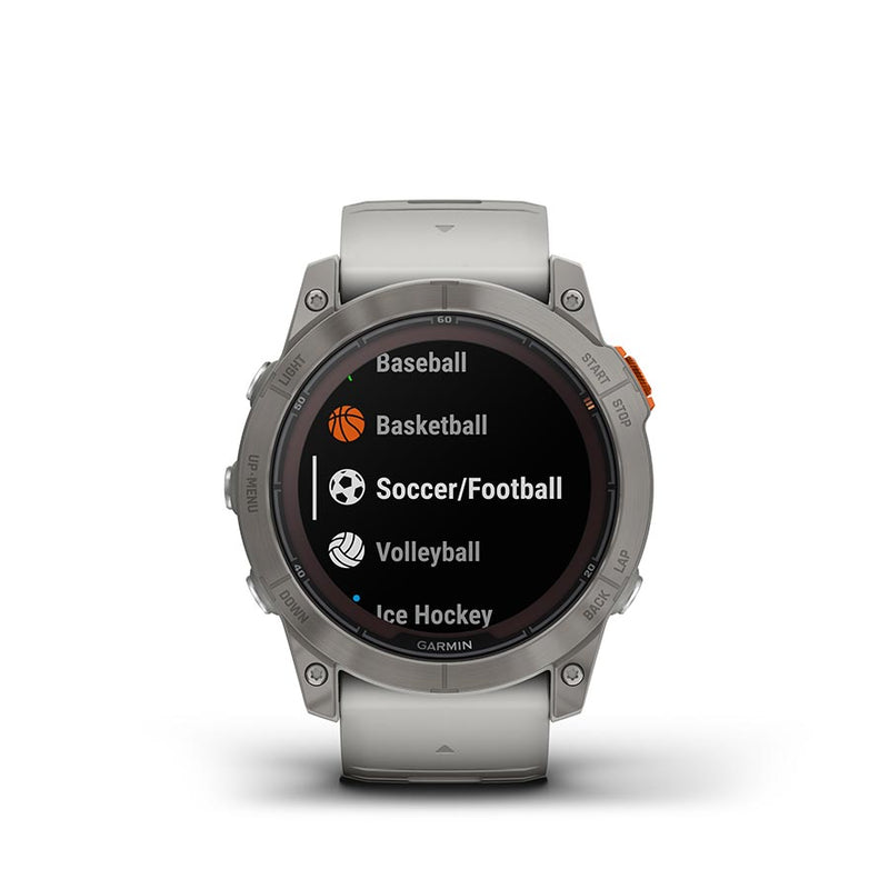 Load image into Gallery viewer, Garmin fenix 7X Pro Sapphire Solar, Watch, Watch Color: Titanium, Wristband: Fog Grey/ Ember Orange - Silicone
