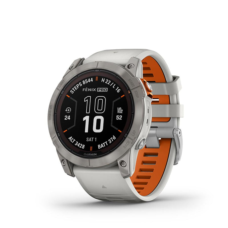 Load image into Gallery viewer, Garmin fenix 7X Pro Sapphire Solar, Watch, Watch Color: Titanium, Wristband: Fog Grey/ Ember Orange - Silicone
