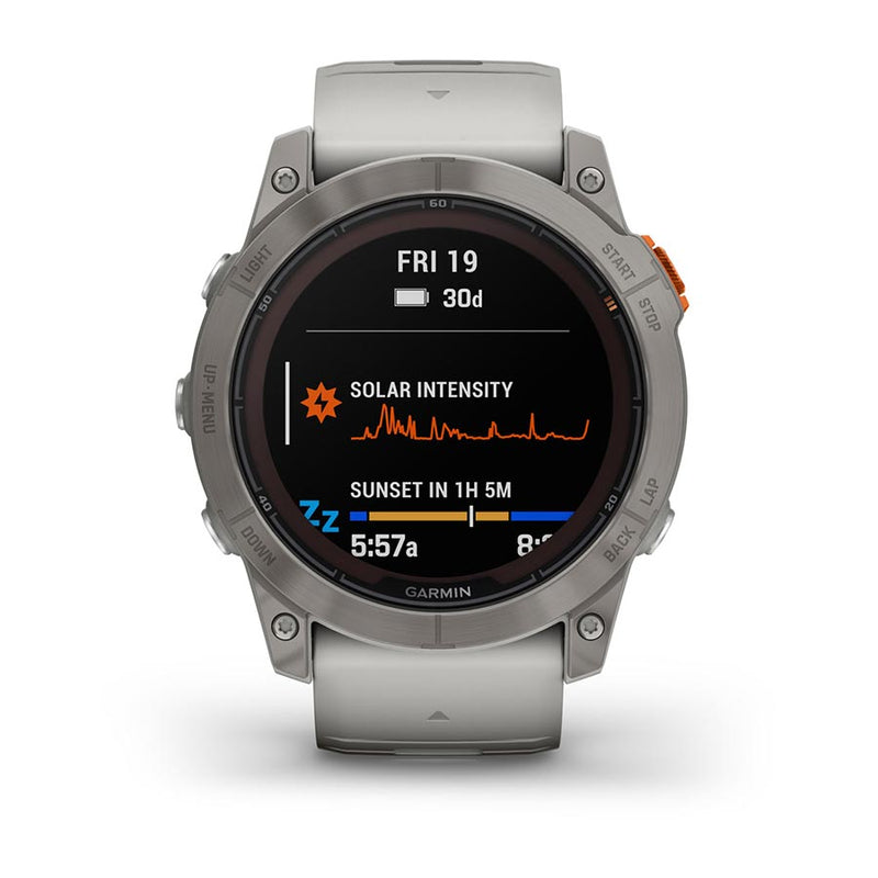 Load image into Gallery viewer, Garmin fenix 7X Pro Sapphire Solar, Watch, Watch Color: Titanium, Wristband: Fog Grey/ Ember Orange - Silicone
