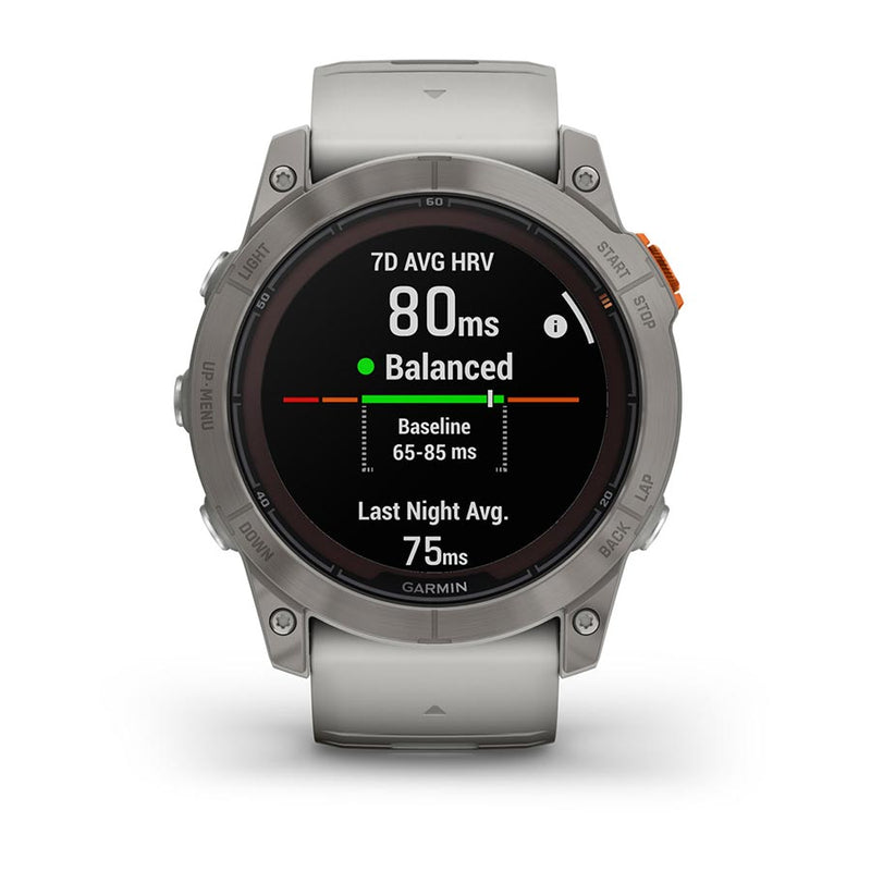 Load image into Gallery viewer, Garmin fenix 7X Pro Sapphire Solar, Watch, Watch Color: Titanium, Wristband: Fog Grey/ Ember Orange - Silicone
