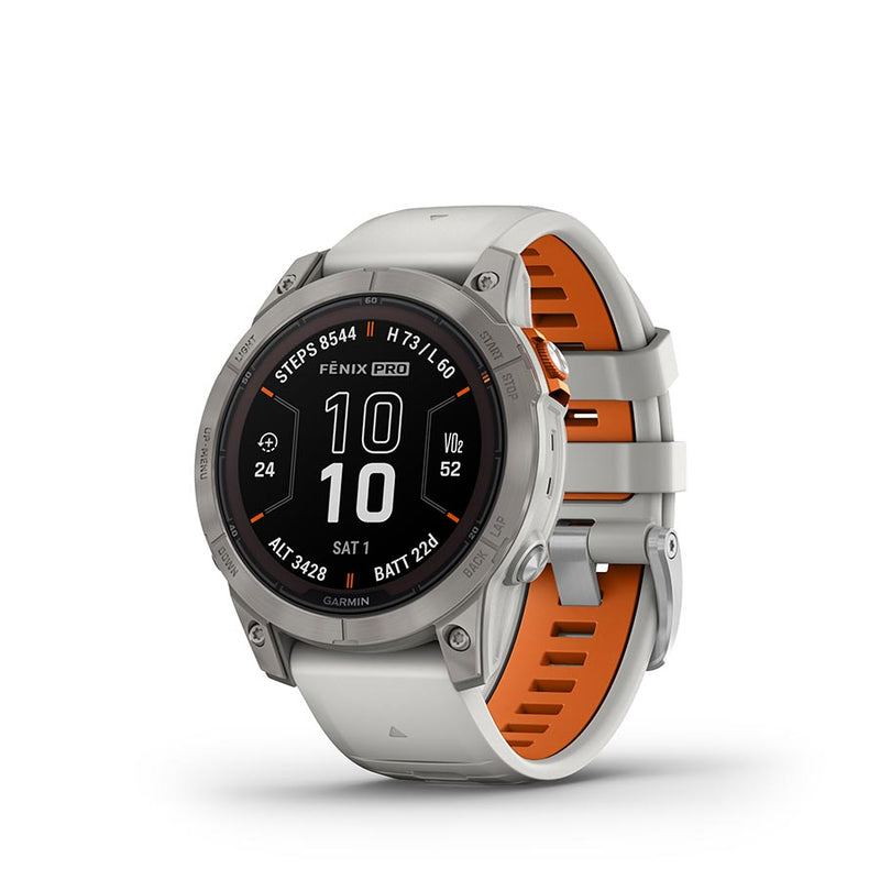 Load image into Gallery viewer, Garmin fenix 7 Pro Sapphire Solar, Watch, Watch Color: Titanium, Wristband: Fog Grey/ Ember Orange - Silicone
