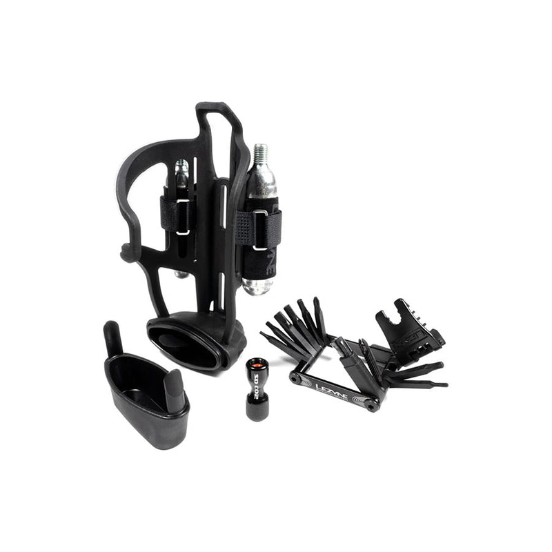 Load image into Gallery viewer, Lezyne Tubeless Flow Storage Loaded, Bottle Cage, Composite, Includes CO2 Head, V18 Multi-Tool with Tubeless Reamer &amp;
