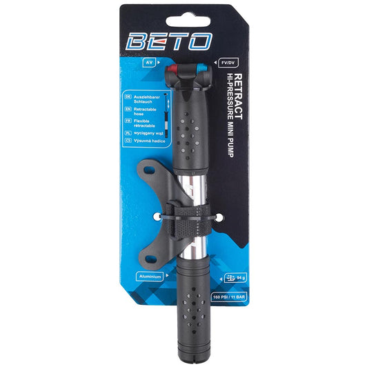 Beto Retract Mini Pump 160psi, Dual Valve Head, Silver