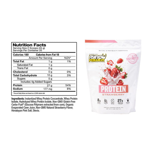 Ryno Power Protein Powder Drink Mix, Strawberry, Pouch, 20 servings