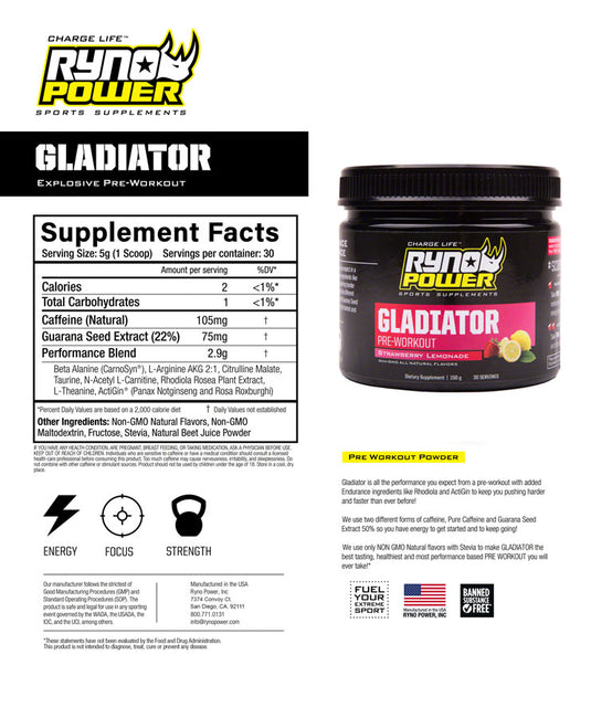 Ryno Power Gladiator Pre-Workout Drink Mix - Strawberry Lemonade, 30 Servings