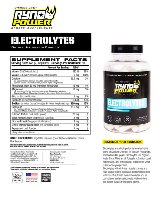 Ryno Power Electrolytes Supplement - 50 Servings, 100 capsules