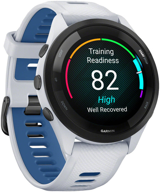 Garmin Forerunner 265 GPS Smartwatch - 46mm, Black Bezel with Whitestone Case, Whitestone/Tidal Blue Silicone Band