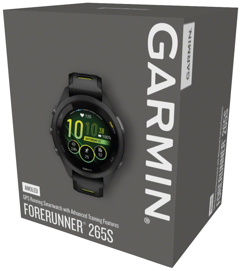 Load image into Gallery viewer, Garmin Forerunner 265S GPS Smartwatch - 42mm, Black Bezel and Case, Black/Amp Yellow Silicone Band
