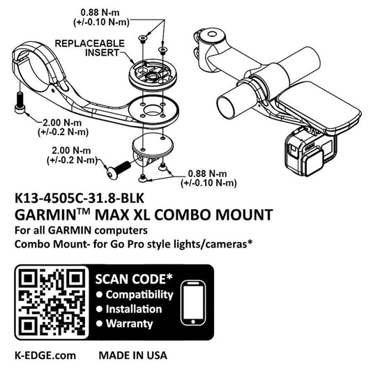 K-EDGE Garmin Max XL Combo Mount for Edge, Forerunner, and Touring - 31.8, Black