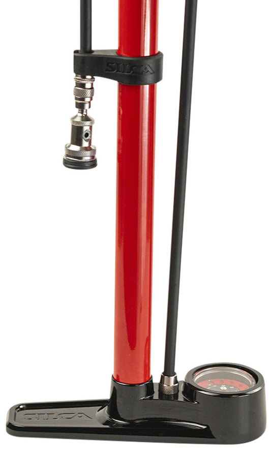 Silca Pista Floor Pump - Steel Body, Compact Ash Wood Handle, 220psi, Classic Press-On Chuck, Red