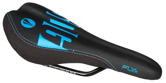 SDG Fly Jr Saddle - Cyan/Black 122mm Width 2pc Top w/ Durable Cordura Sides