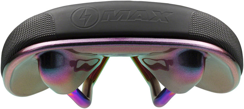 Load image into Gallery viewer, SDG Bel-Air V3 MAX Saddle - PVD Coated Lux-Alloy, Black/Oil-Slick, Sonic Welded Sides, Limited Edition Fuel
