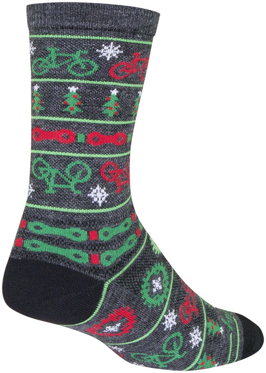 SockGuy Wool Ride Merry Crew Socks - 6", Gray/Red/Green, Small/Medium