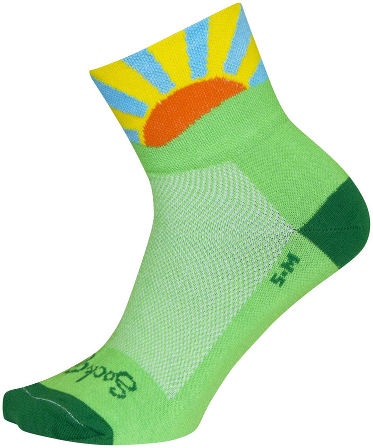 Load image into Gallery viewer, SockGuy Classic Sunshine Socks - 3 inch, Green/Yellow/Orange/Blue, Small/Medium
