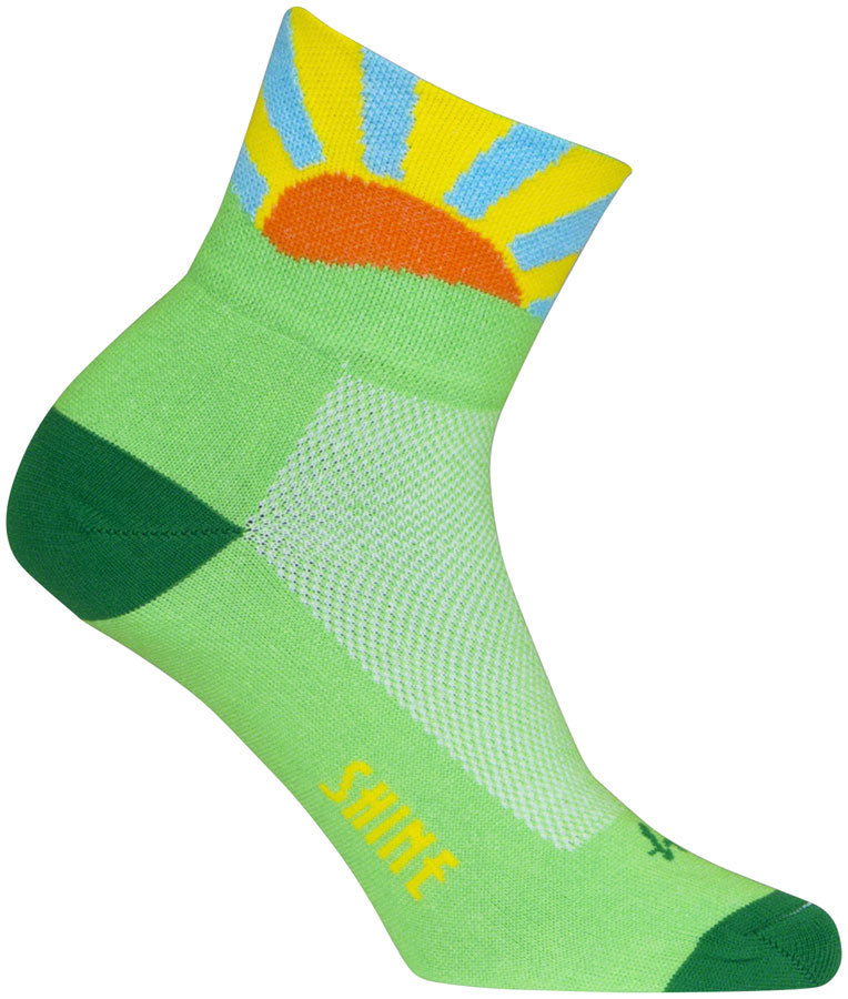 Load image into Gallery viewer, SockGuy Classic Sunshine Socks - 3 inch, Green/Yellow/Orange/Blue, Small/Medium
