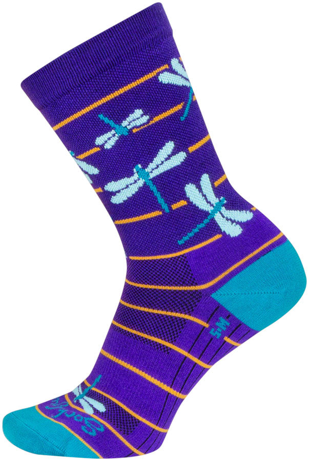 Load image into Gallery viewer, SockGuy Dragonflies Crew Socks - 6&quot;, Purple/Blue/Orange, Large/X-Large
