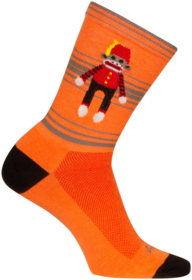 Load image into Gallery viewer, SockGuy Funky Monkey Crew Socks - 6&quot;, Orange/Red/Brown, Small/Medium
