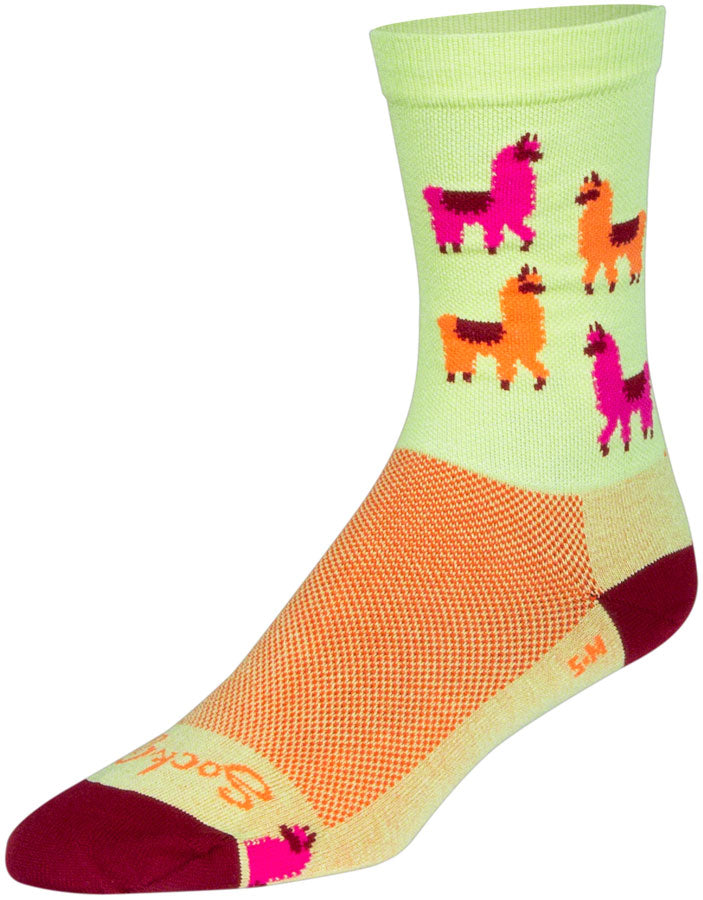 Load image into Gallery viewer, SockGuy Mo&#39; Llamas Crew Socks - 6&quot;, Green/Pink/Orange, Large/X-Large
