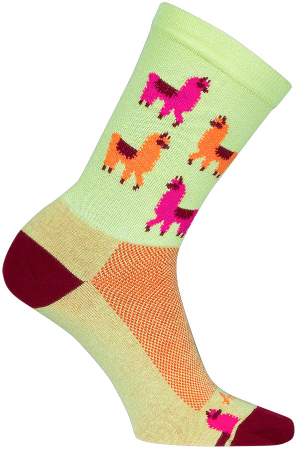 Load image into Gallery viewer, SockGuy Mo&#39; Llamas Crew Socks - 6&quot;, Green/Pink/Orange, Small/Medium
