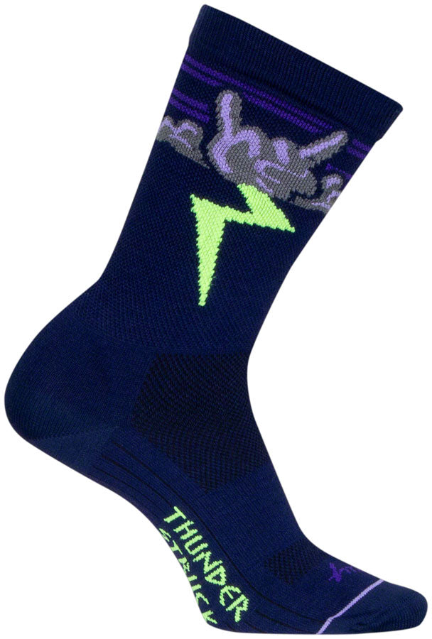 Load image into Gallery viewer, SockGuy Thunder Crew Socks - 6&quot;, Navy/Purple/Green, Large/X-Large
