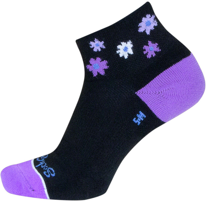 Load image into Gallery viewer, SockGuy Channel Air Daisy Classic Low Socks - 2 inch, Black/Purple, Women&#39;s, S/M
