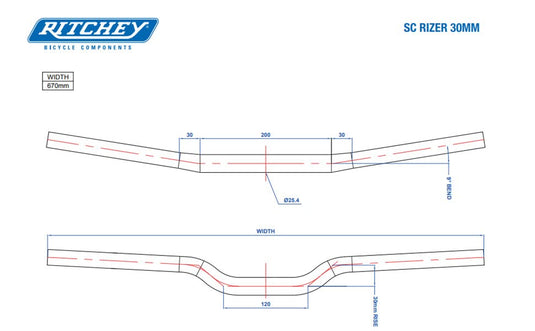 Ritchey Comp SC Rizer Handlebar 670mm 30mm Rise 9d Sweep 25.4 Bar Clamp Black