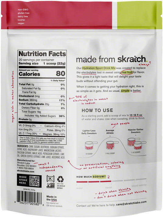 Skratch Labs Hydration Sport Drink Mix - Raspberry Limeade, With Caffiene, 20-Serving Resealable Pouch