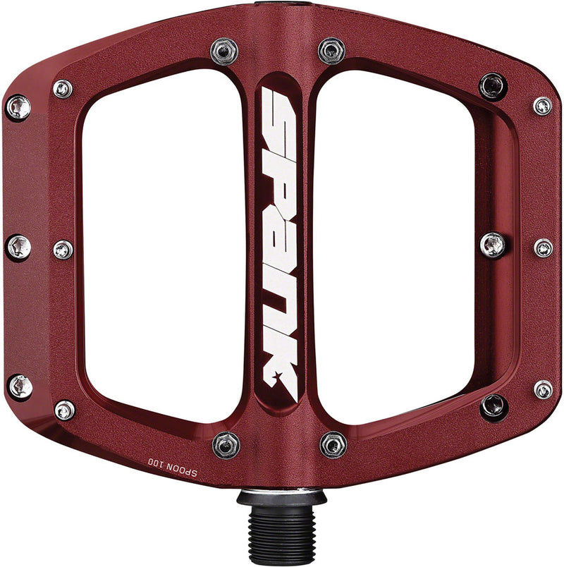 Load image into Gallery viewer, Spank Spoon 100 Platform Pedals 9/16&quot; Concave Alloy Body Replaceable Pins Red
