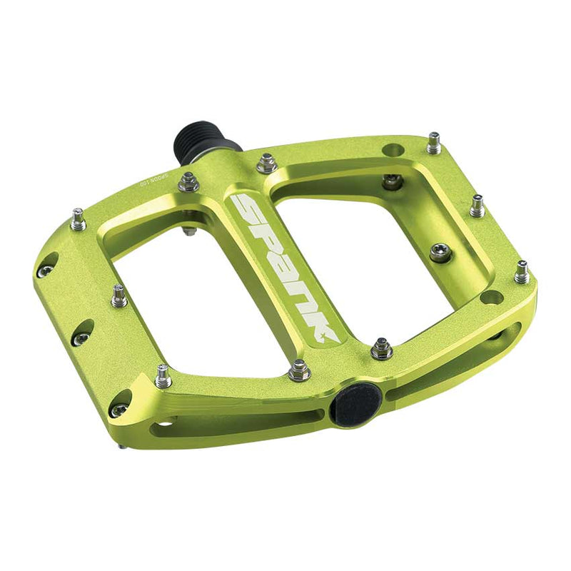 Load image into Gallery viewer, Spank Spoon 90 Platform Pedals 9/16&quot; Concave Alloy Body Replaceable Pins Green
